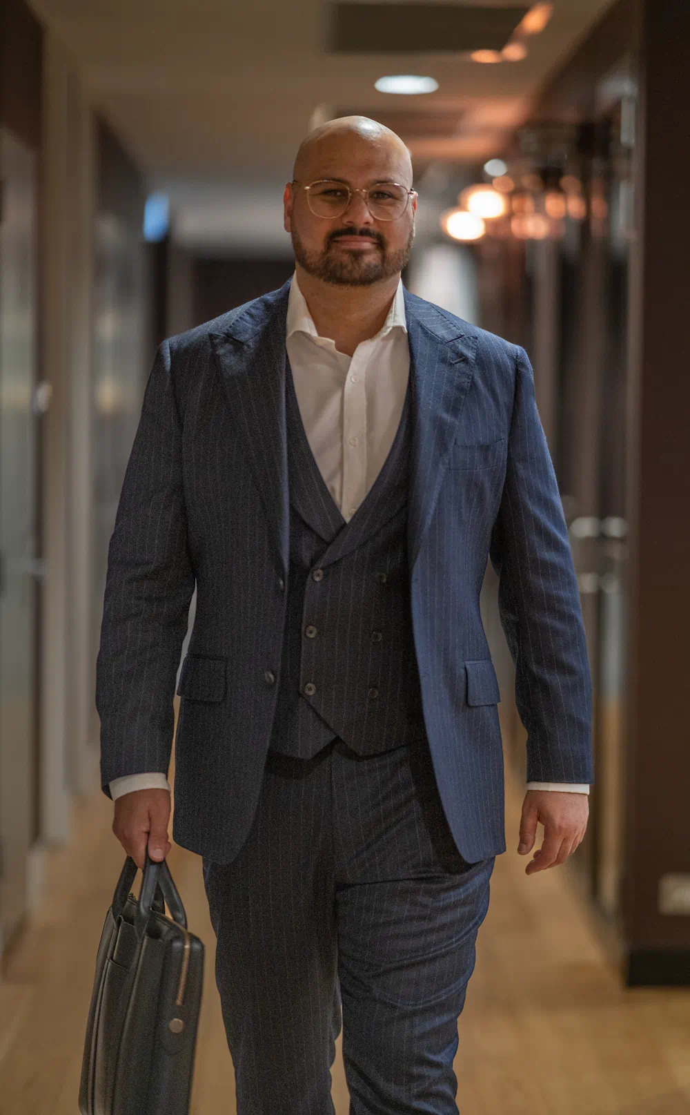 Professional man in suit walking down hallway.